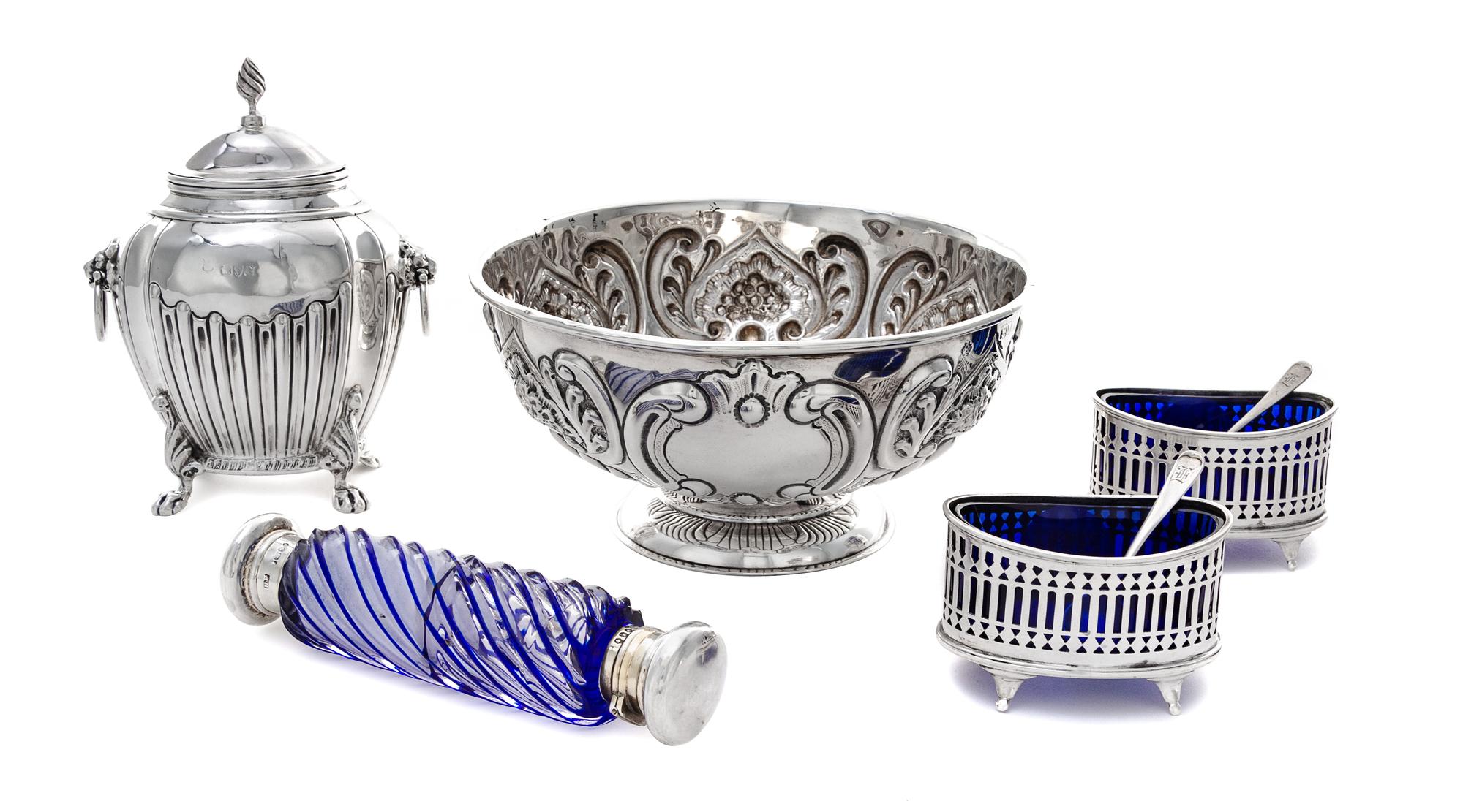 A Group of Five Victorian Silver Articles, Various makers, comprising a silver tea caddy marked for George Nathan & Ridley Hayes, Chest