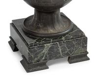 A Pair of Grand Tour Patinated Metal Urns on Marble Bases