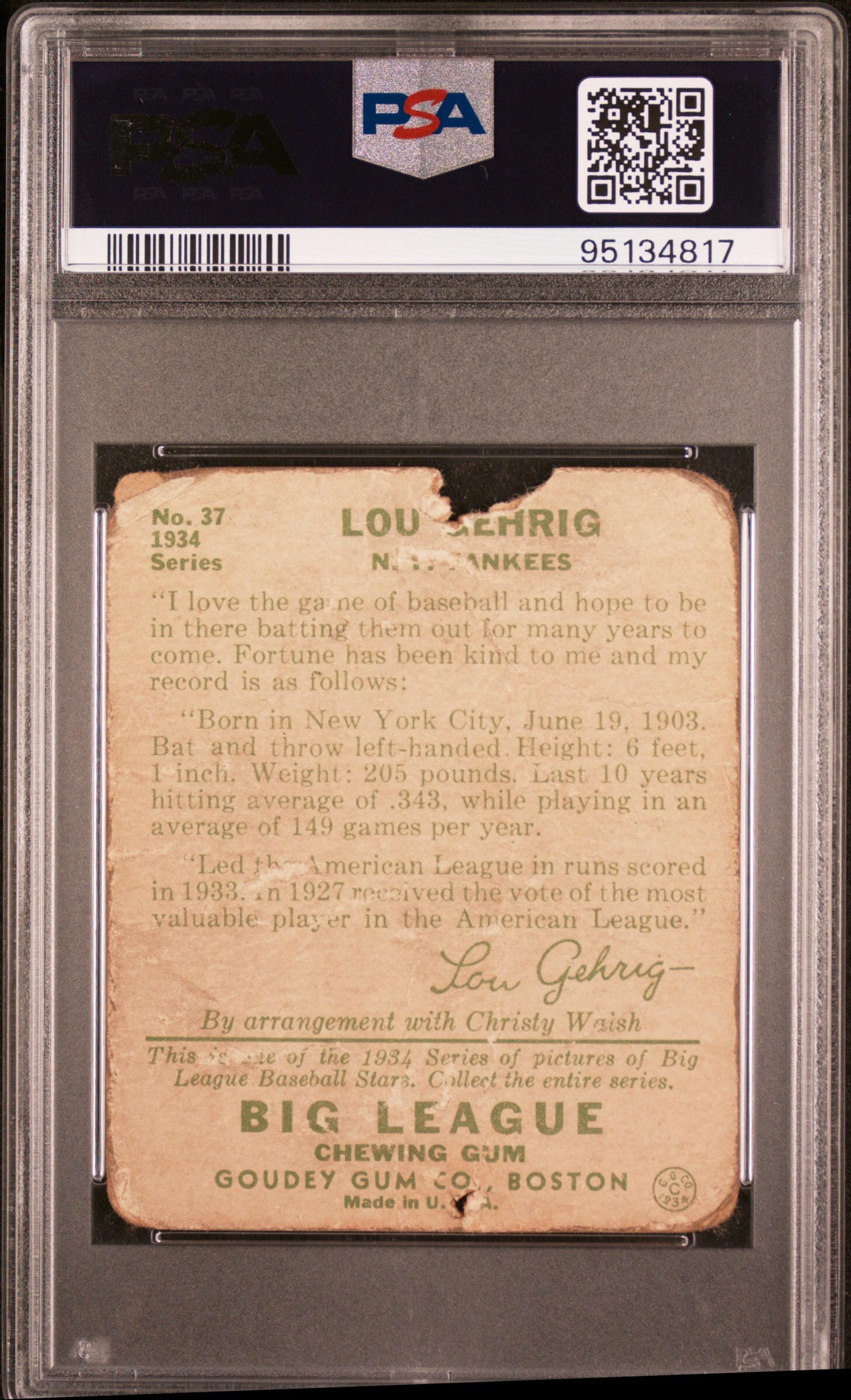 A 1934 Goudey Lou Gehrig Baseball Card No. 37 (PSA Authentic)