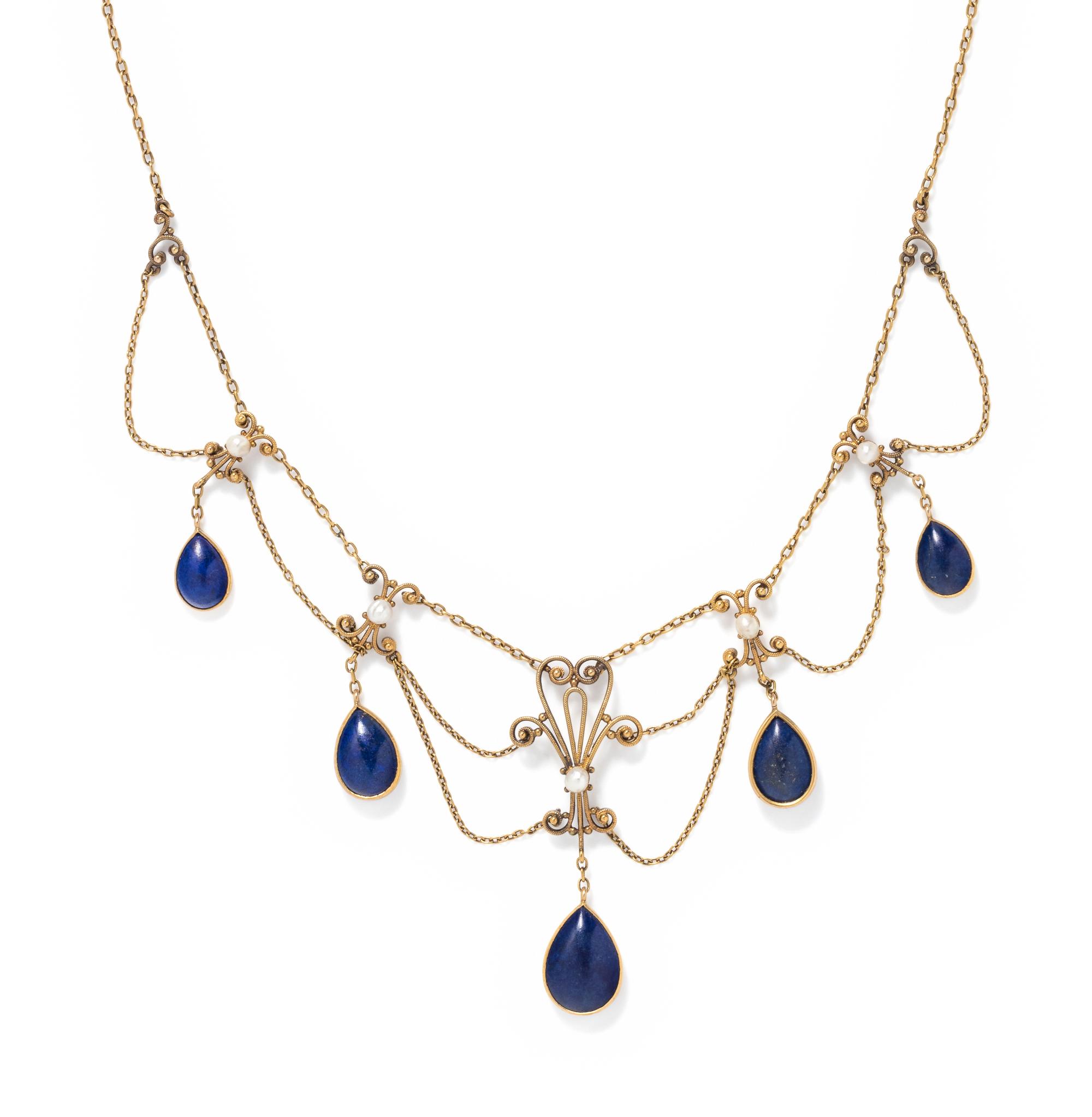 ANTIQUE, YELLOW GOLD, LAPIS LAZULI AND SEED PEARL SWAG NECKLACE