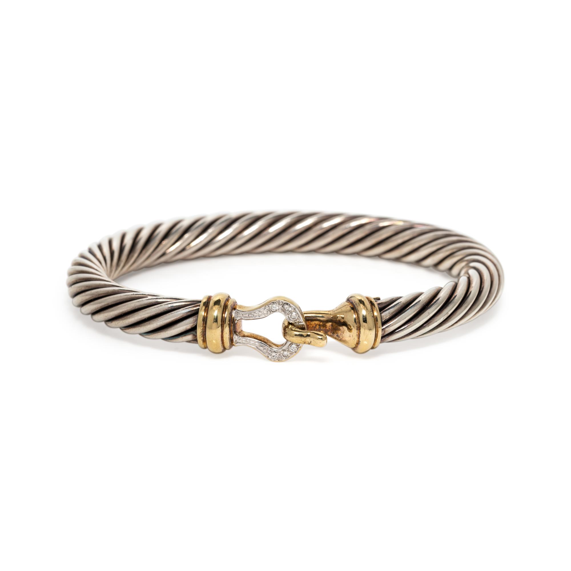 DAVID YURMAN, STERLING SILVER, YELLOW GOLD AND DIAMOND 'CABLE BUCKLE' BANGLE BRACELET