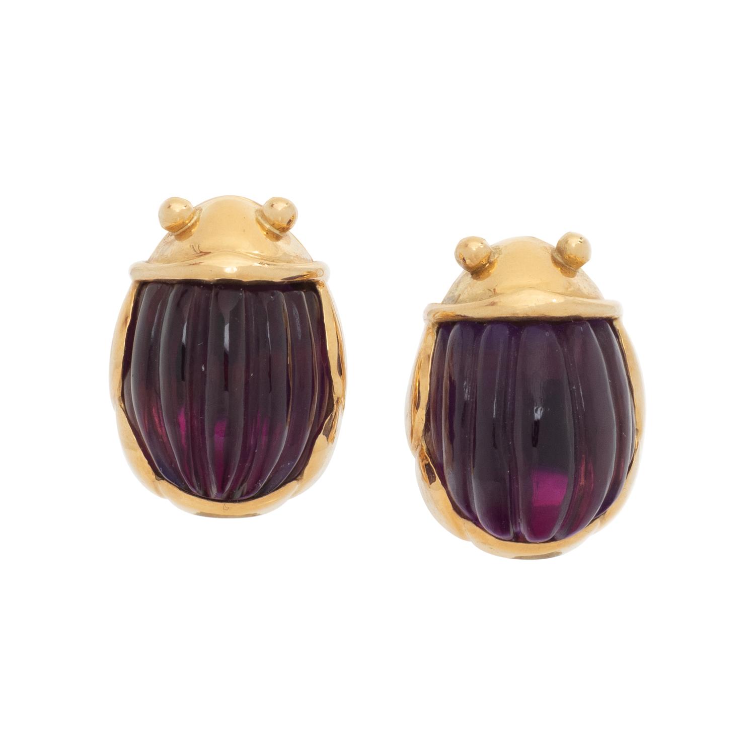 TIFFANY & CO., CARVED AMETHYST SCARAB CLIP EARRINGS