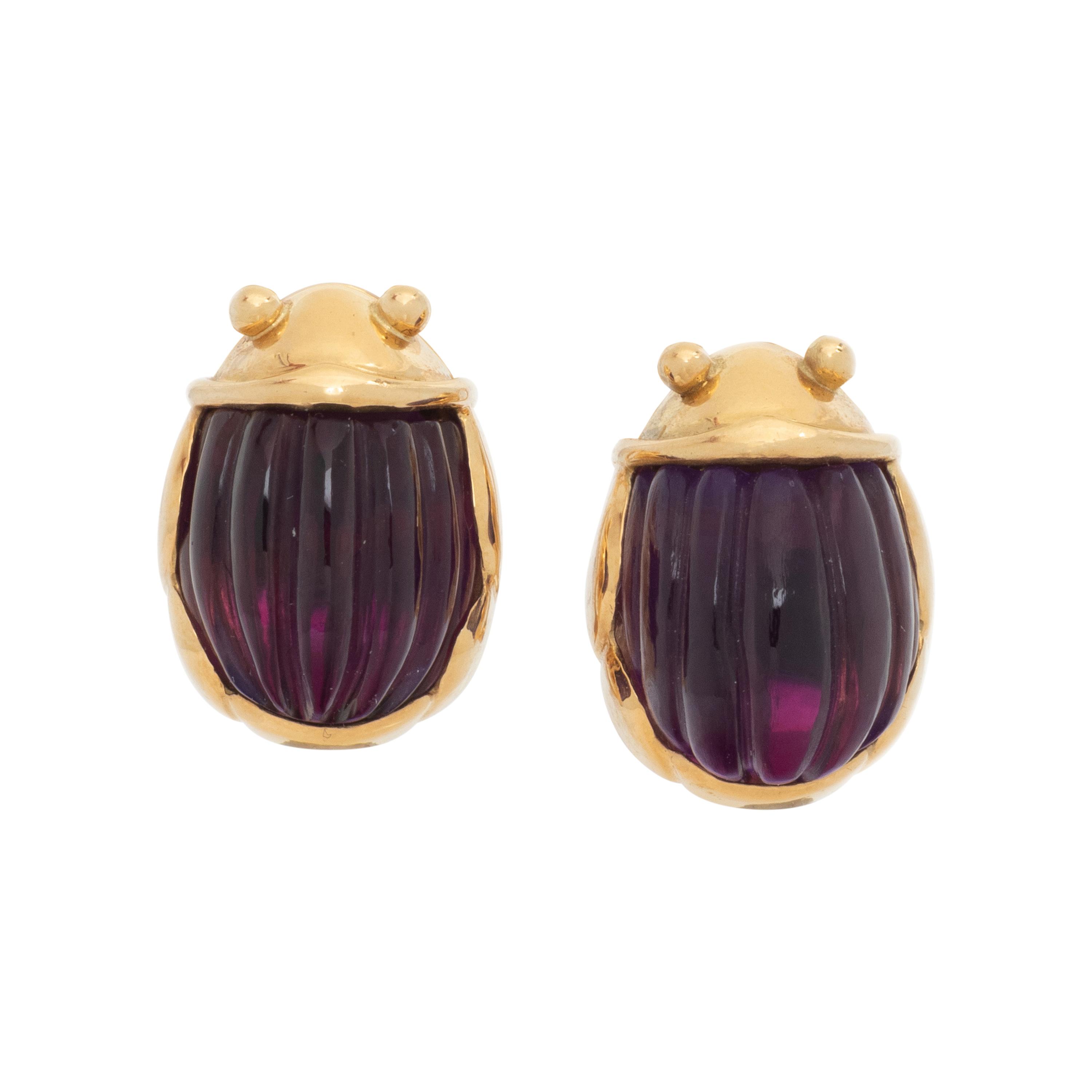 TIFFANY & CO., CARVED AMETHYST SCARAB CLIP EARRINGS