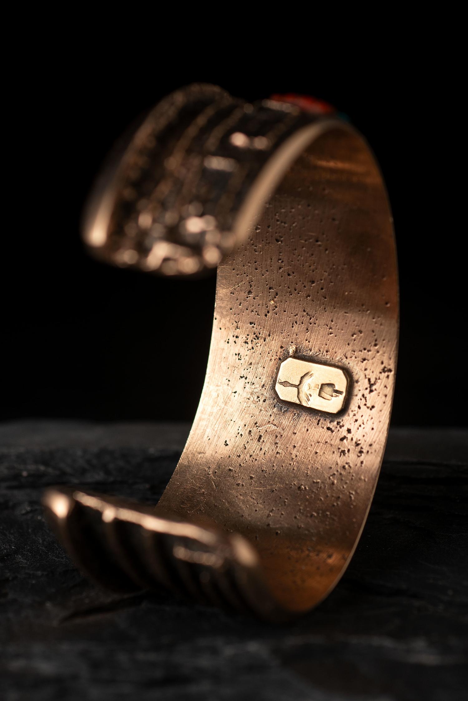 14K Gold Tufa Cast Cuff Bracelet, with Mosaic Inlay Katsina