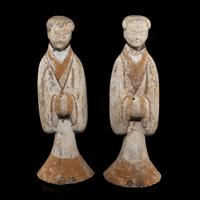 A Large Pair of Chinese Painted Pottery Ladies, Han Dynasty — 漢 灰陶彩繪侍奉俑一對