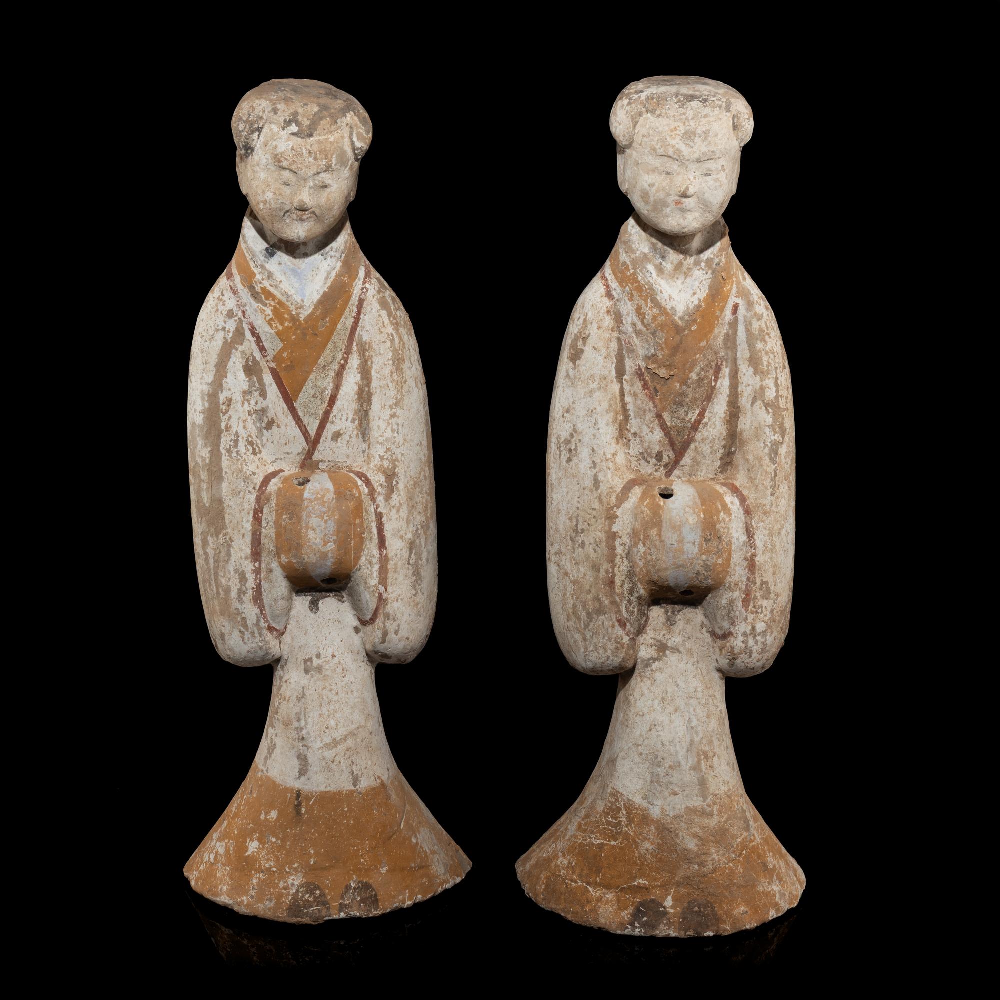 A Large Pair of Chinese Painted Pottery Ladies, Han Dynasty — 漢 灰陶彩繪侍奉俑一對
