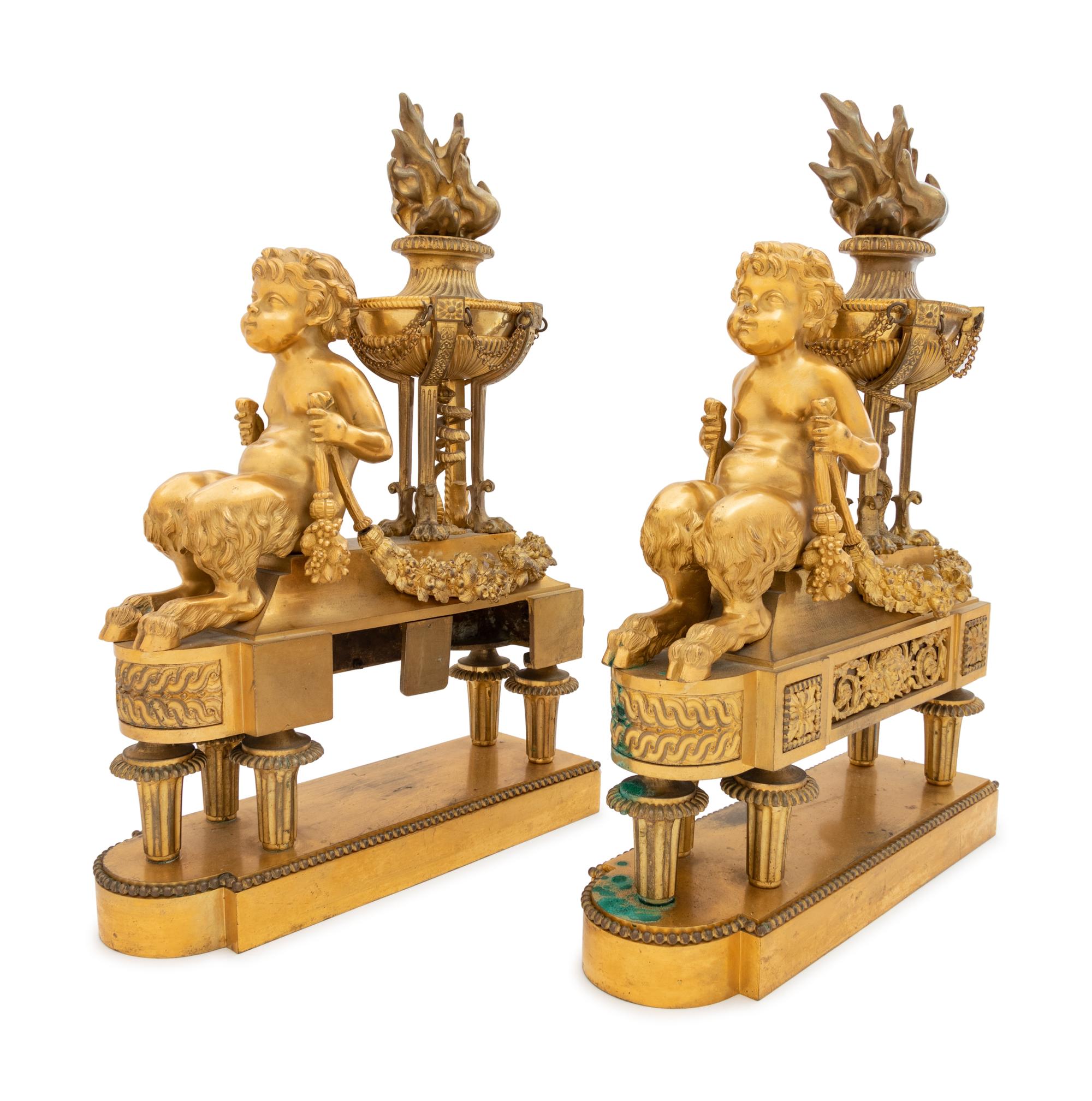 A Pair of Louis XVI Style Gilt Bronze Figural Chenets