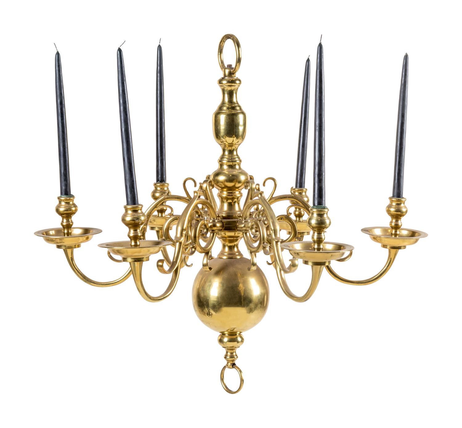 A Dutch Baroque Style Brass Six-Light Chandelier