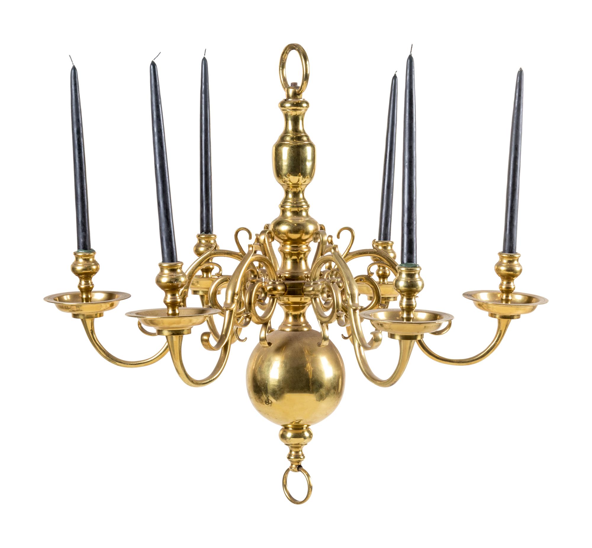 A Dutch Baroque Style Brass Six-Light Chandelier
