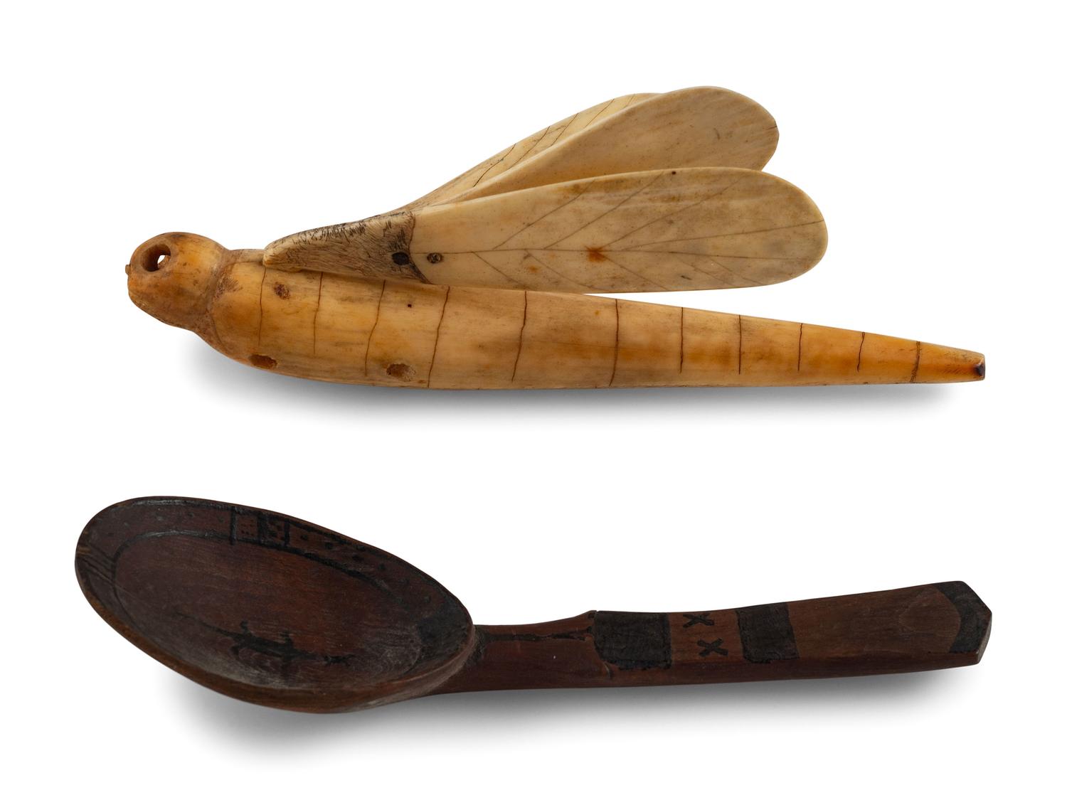Yup'ik Painted Wood Spoon and Walrus Ivory Dragonfly