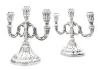 A Pair of German Silver Three-Light Candelabra, Gebruder Deyhle, Schwabisch Gmund, 20th Century, each stem issuing two scrolling candle