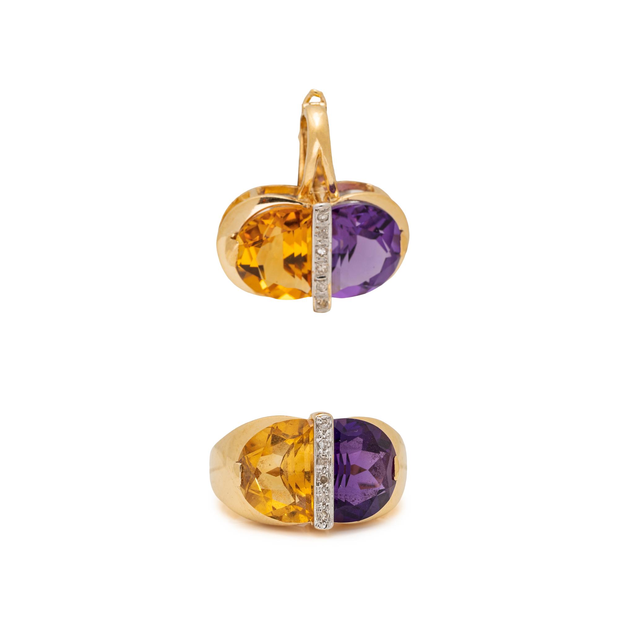BICOLOR GOLD, AMETHYST, CITRINE AND DIAMOND RING AND PENDANT