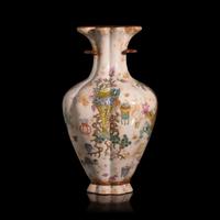 An Unusual Chinese Famille Rose Decorated Vase with "Endless Knot" Lip — 粉彩仿石釉博古圖盤腸口包袱瓶