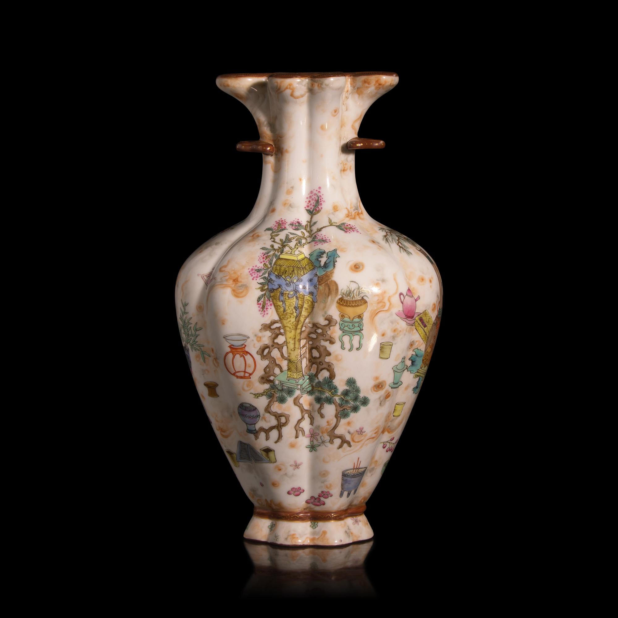 An Unusual Chinese Famille Rose Decorated Vase with "Endless Knot" Lip — 粉彩仿石釉博古圖盤腸口包袱瓶