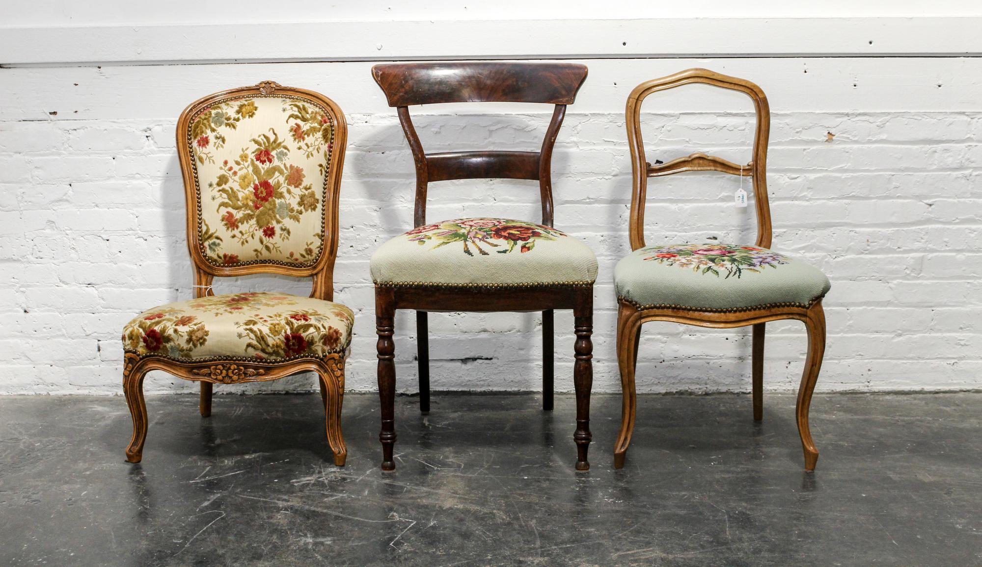 A Group of Three Needlepoint Upholstered Chairs Height of tallest 34 1/2 inches.