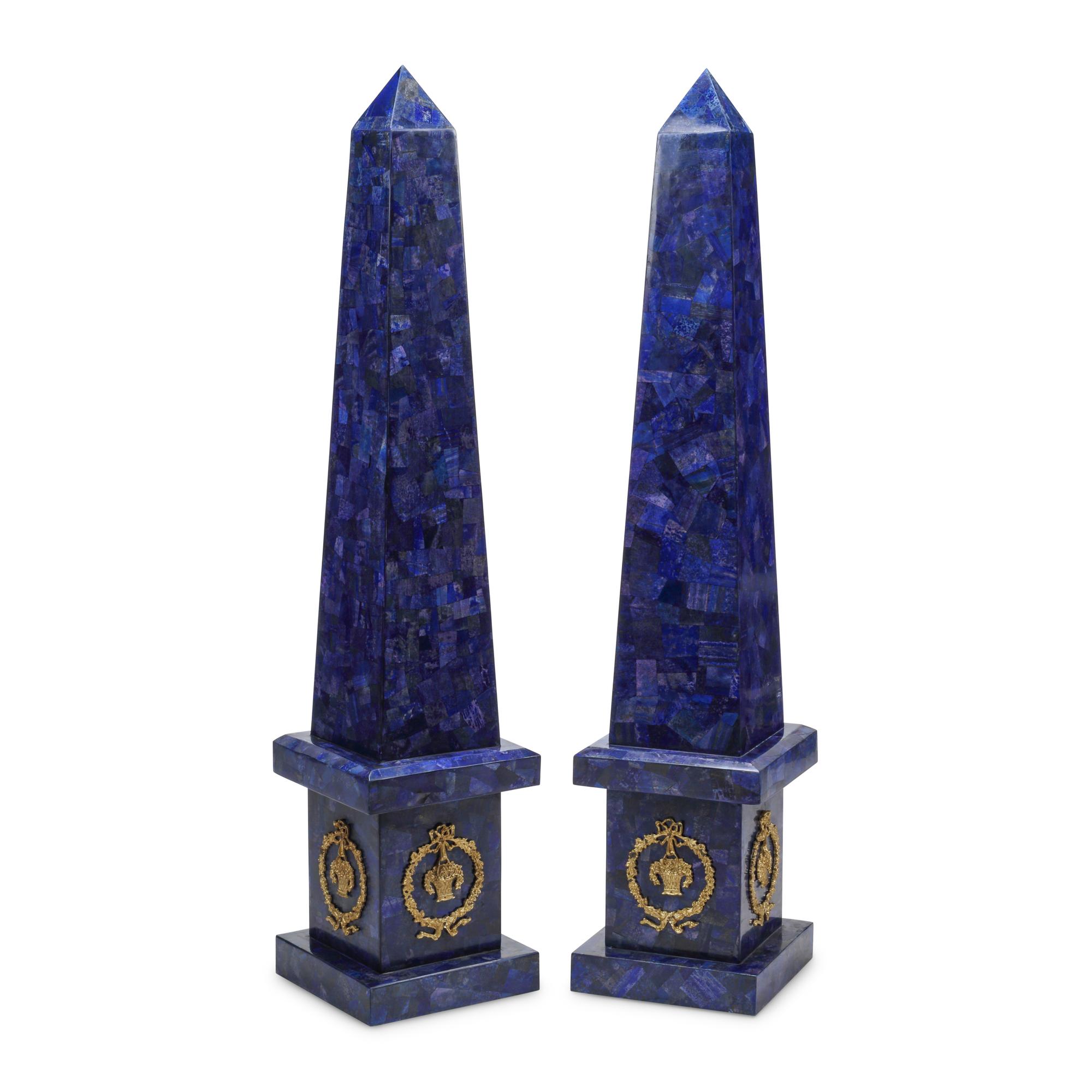 A Pair of Large Lapis Lazuli Inlaid and Gilt Bronze Mounted Obelisks