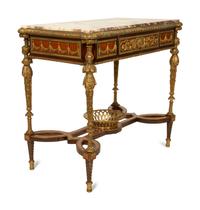 A French Empire Style Gilt Bronze Mounted Mahogany Table with Rouge Marble Top — 19TH CENTURY