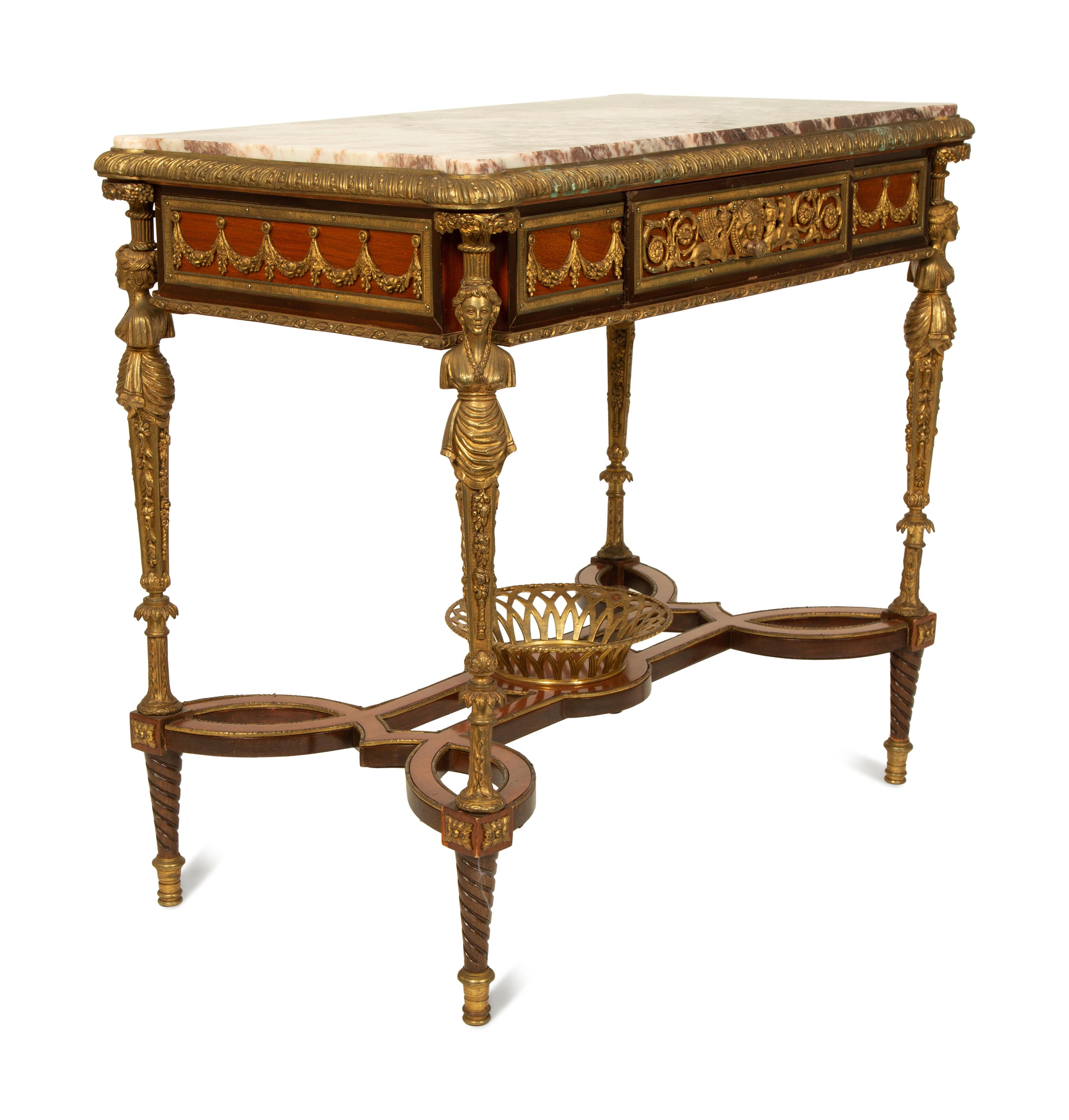 A French Empire Style Gilt Bronze Mounted Mahogany Table with Rouge Marble Top — 19TH CENTURY