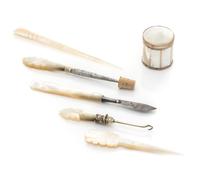 A Group of Six Palais Royal Mother-of-Pearl Sewing Articles, , comprising three stilettos, button hook, knife and a patch box.
