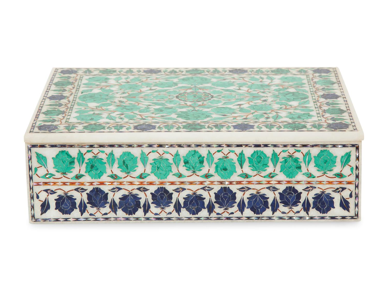 An Indian Malachite and Lapis Lazuli Inlaid Alabaster Box