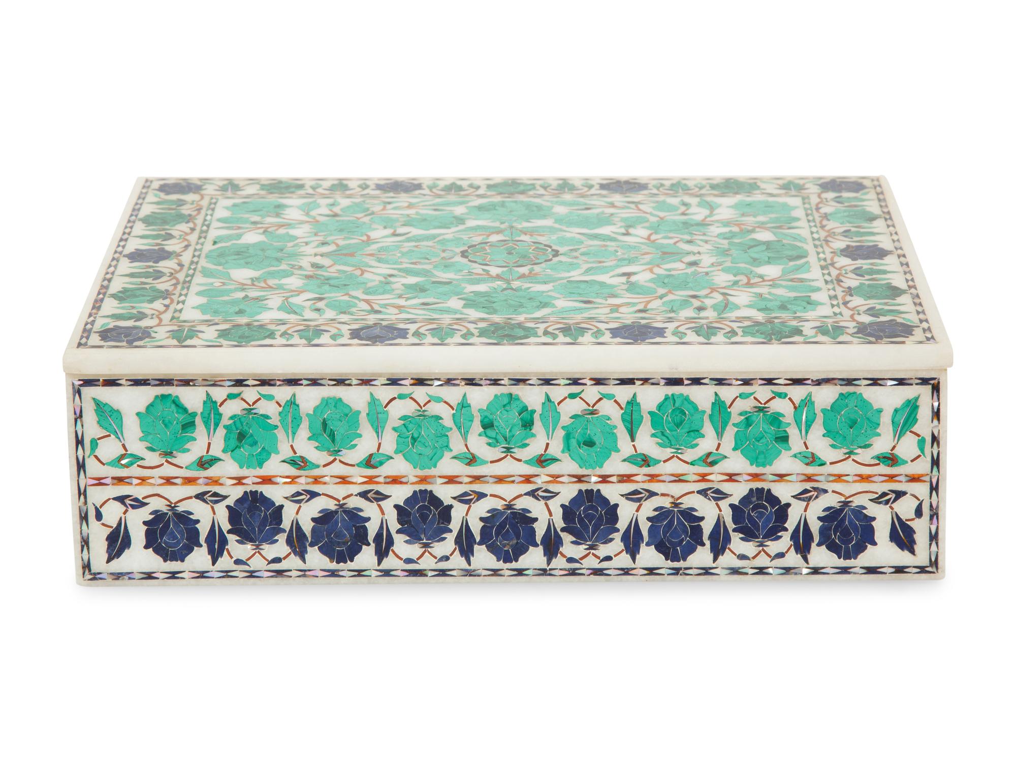 An Indian Malachite and Lapis Lazuli Inlaid Alabaster Box