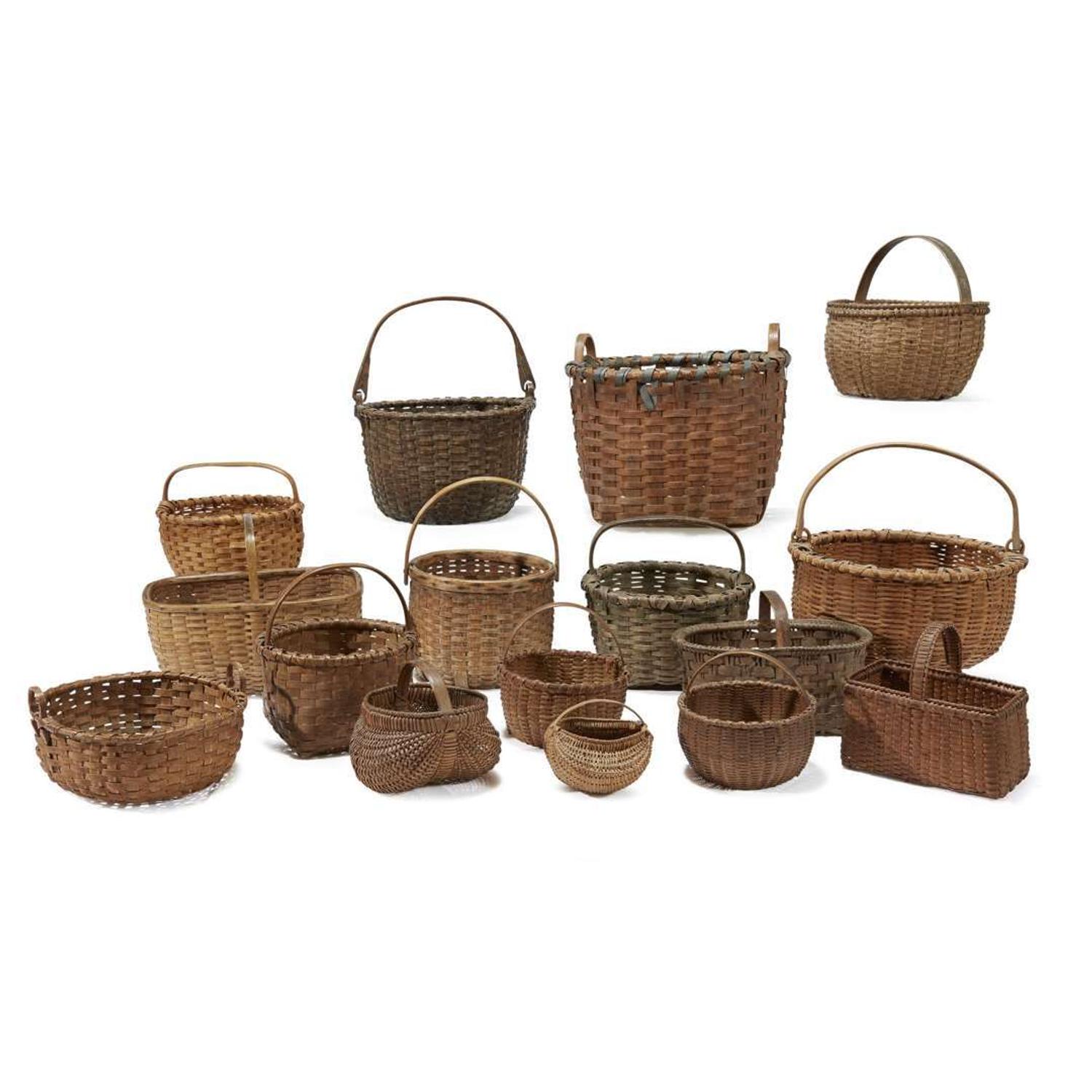 Large group of sixteen assorted splint baskets Various regions, many Northeast and New England, 19th and 20th century