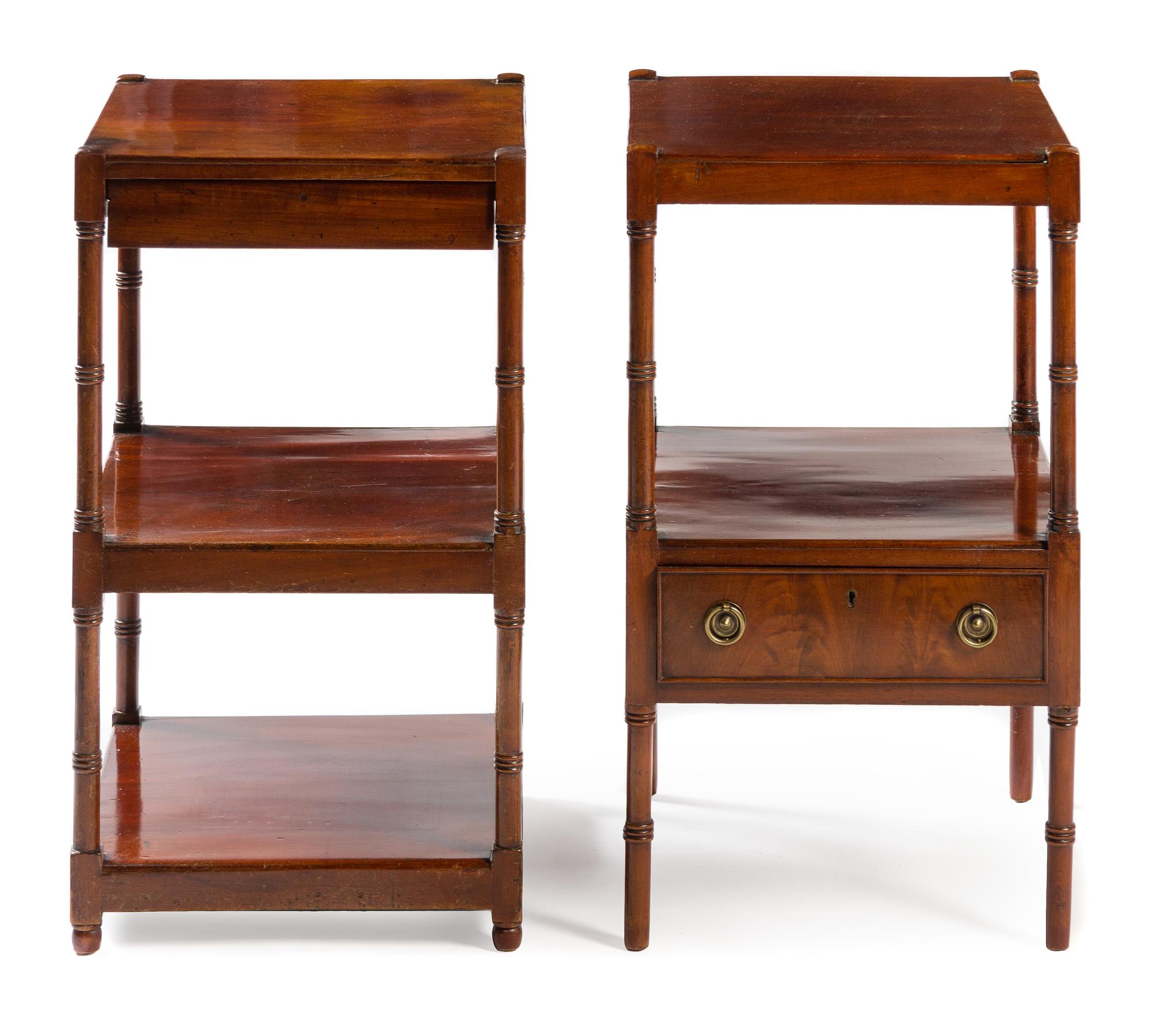 Two Regency Style Mahogany Side Tables Height 27 x width 16 x depth 16 inches.