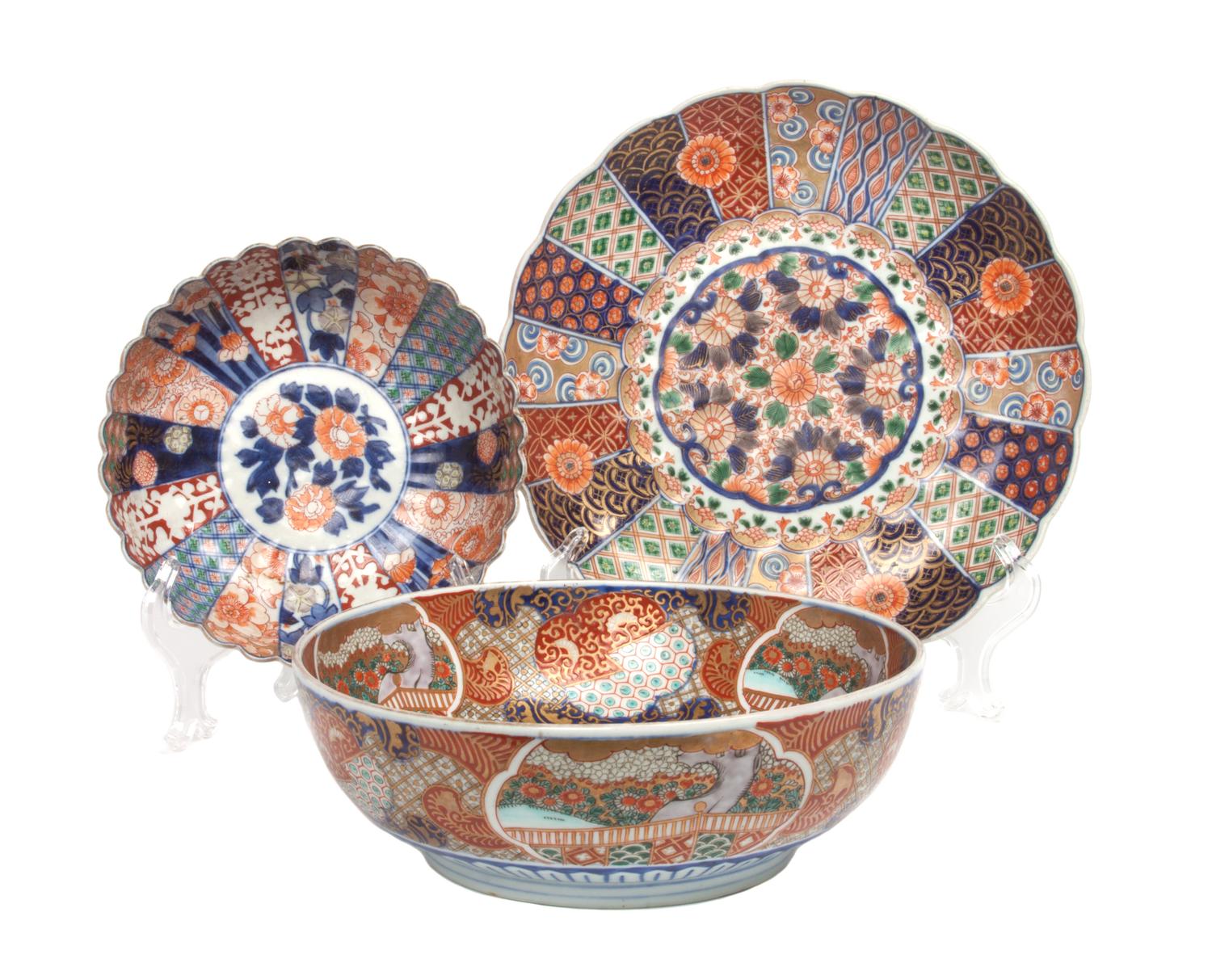 Three Japanese Imari Porcelain Articles Diameter of largest 12 3/8 inches.