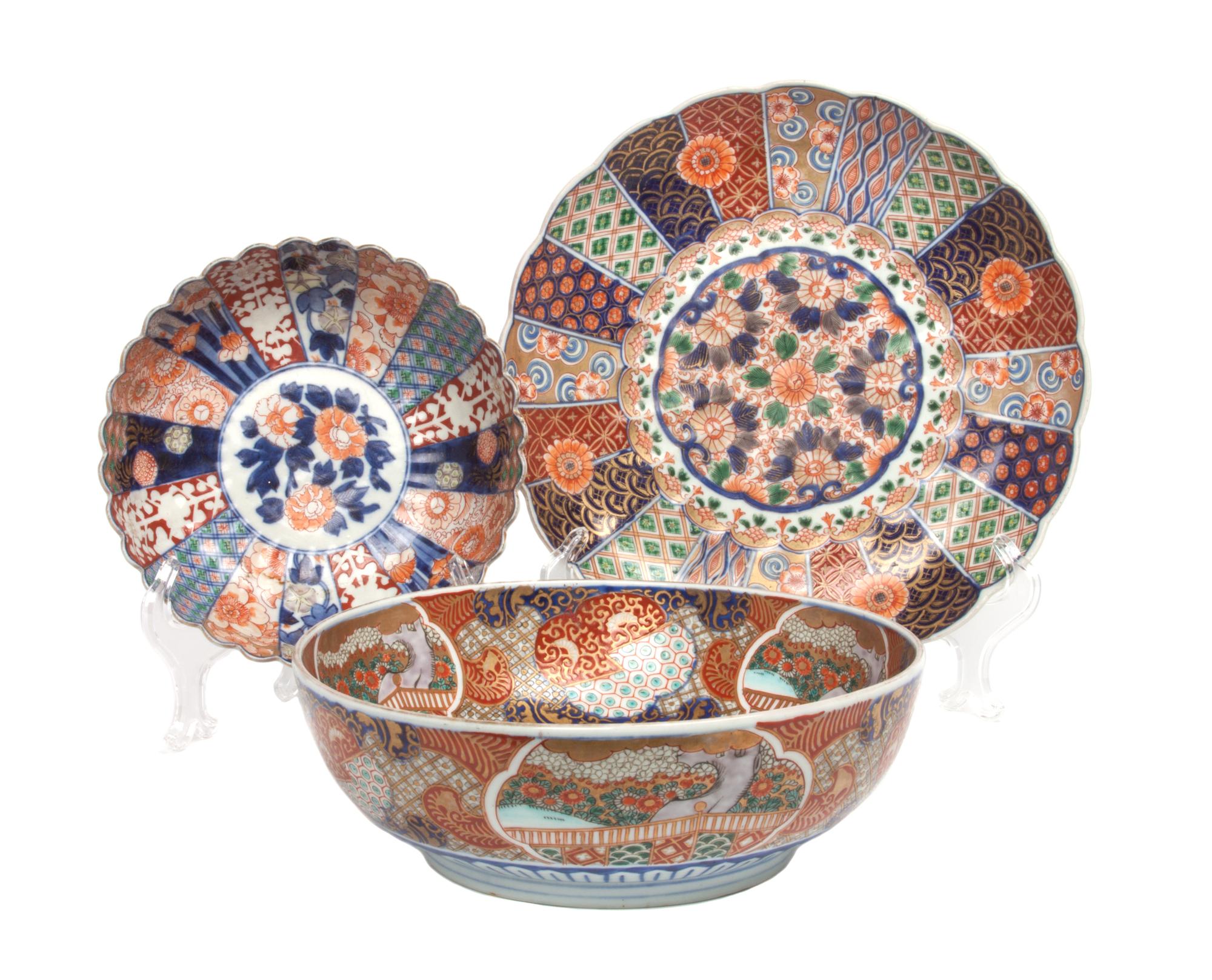 Three Japanese Imari Porcelain Articles Diameter of largest 12 3/8 inches.