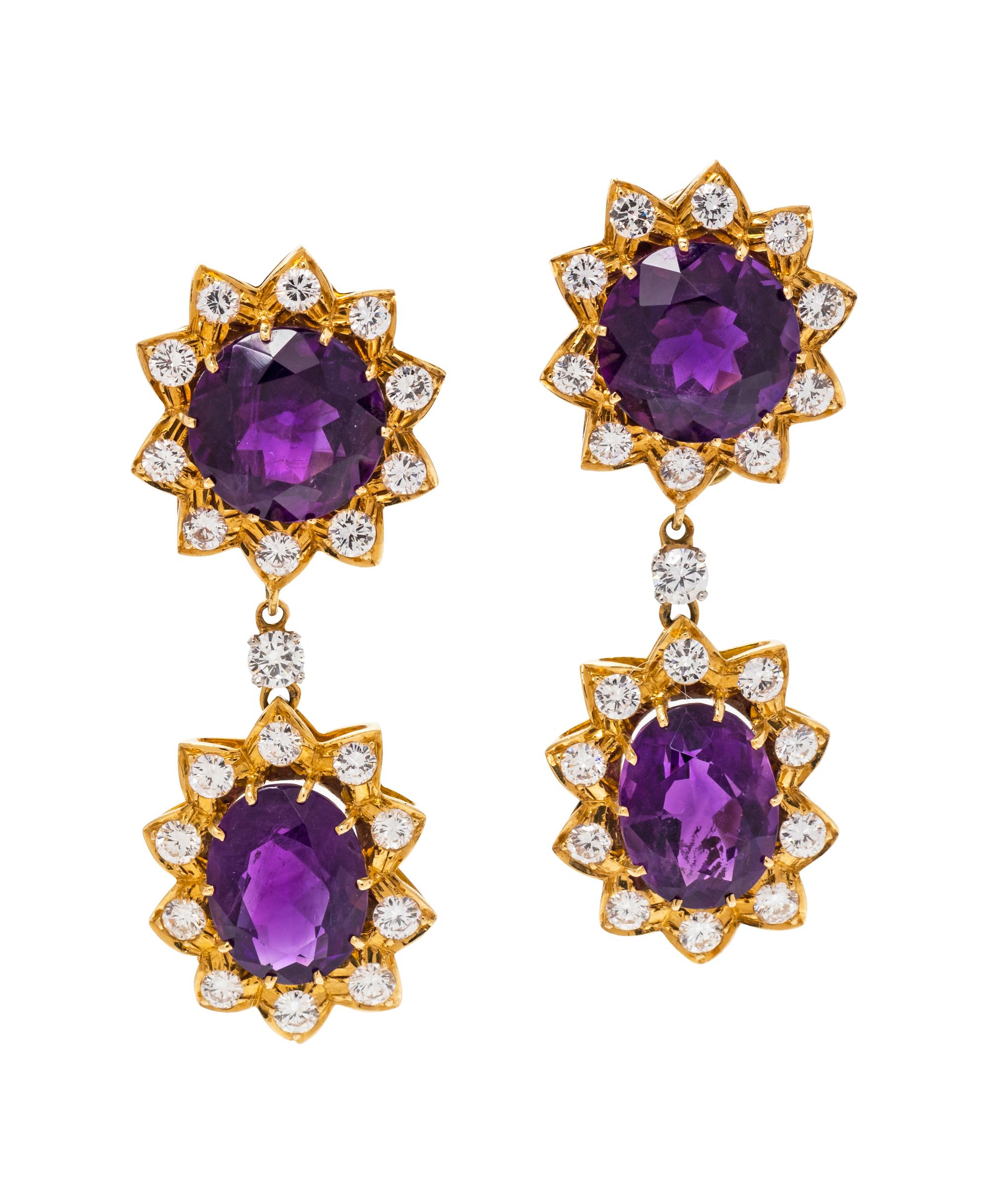 A Pair of Yellow Gold, Amethyst and Diamond Convertible Earclips,