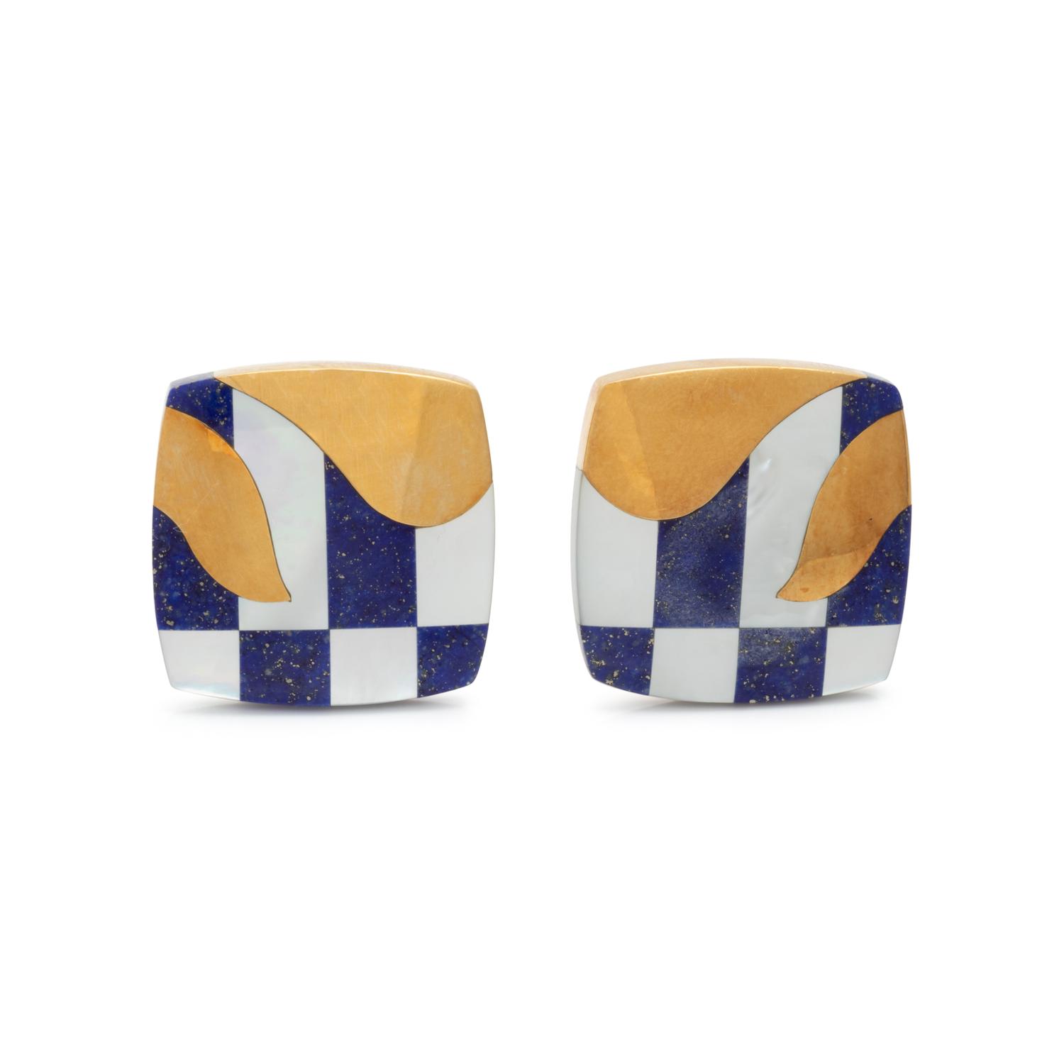 TIFFANY & CO., YELLOW GOLD, LAPIS LAZULI AND MOTHER-OF-PEARL EARCLIPS