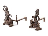 A Pair of Continental Iron Andirons with Hercules and the Nemean Lion