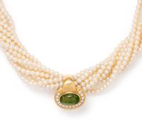 TONY WHITE, PERIDOT, DIAMOND AND CULTURED PEARL TORSADE PENDANT/NECKLACE