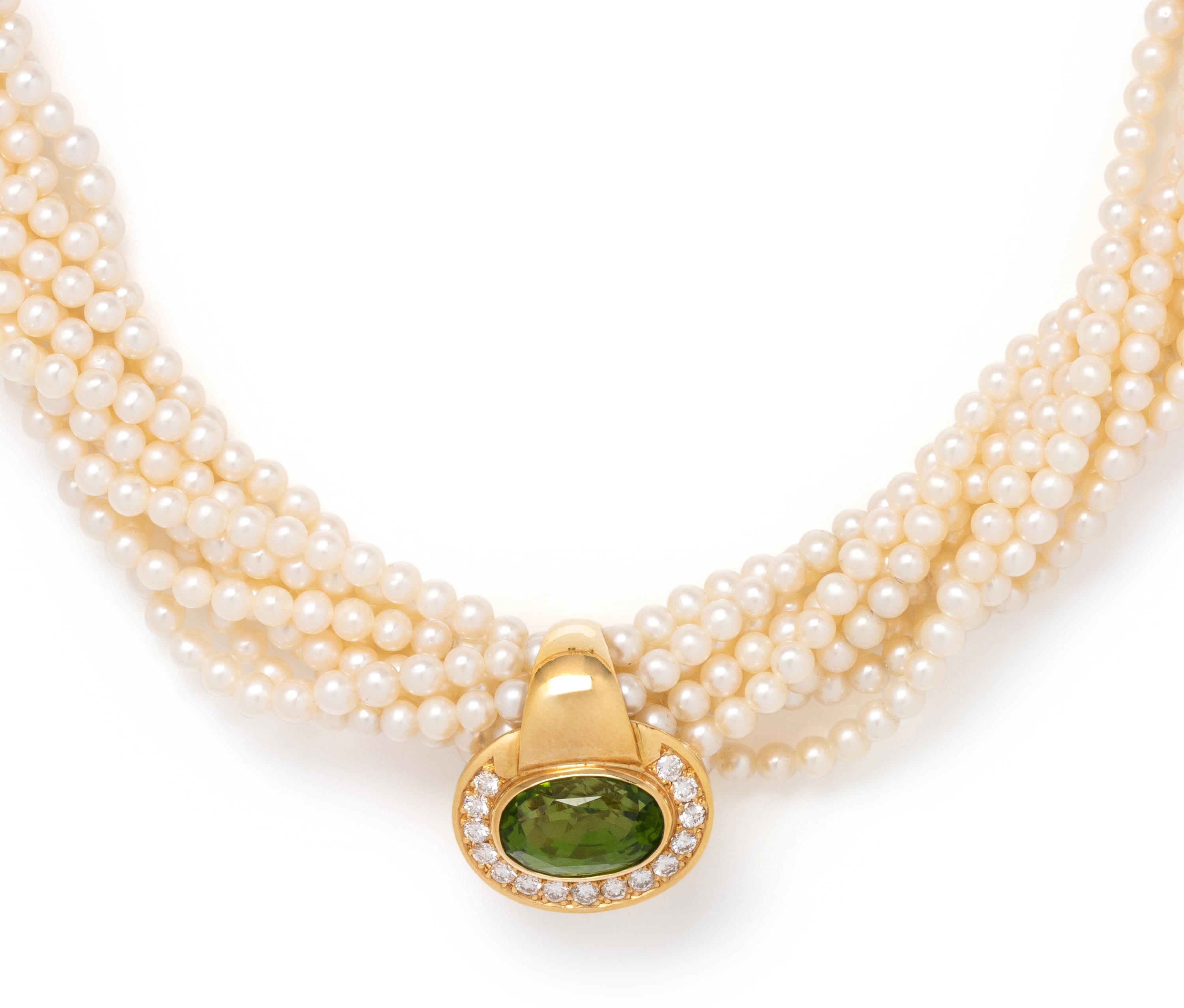 TONY WHITE, PERIDOT, DIAMOND AND CULTURED PEARL TORSADE PENDANT/NECKLACE