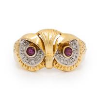 Diamond, Ruby, and Yellow Gold Owl Ring