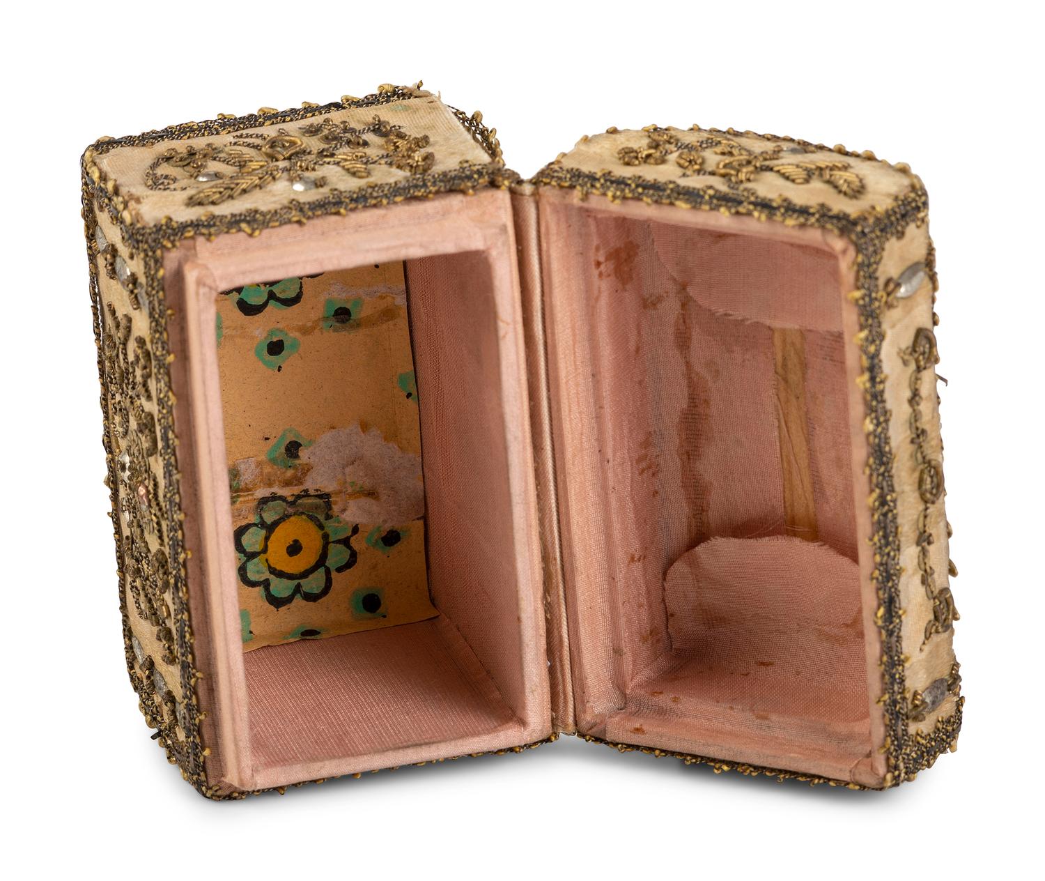 An English Metallic Thread Decorated Silk Diminutive Jewelry Casket