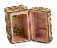An English Metallic Thread Decorated Silk Diminutive Jewelry Casket
