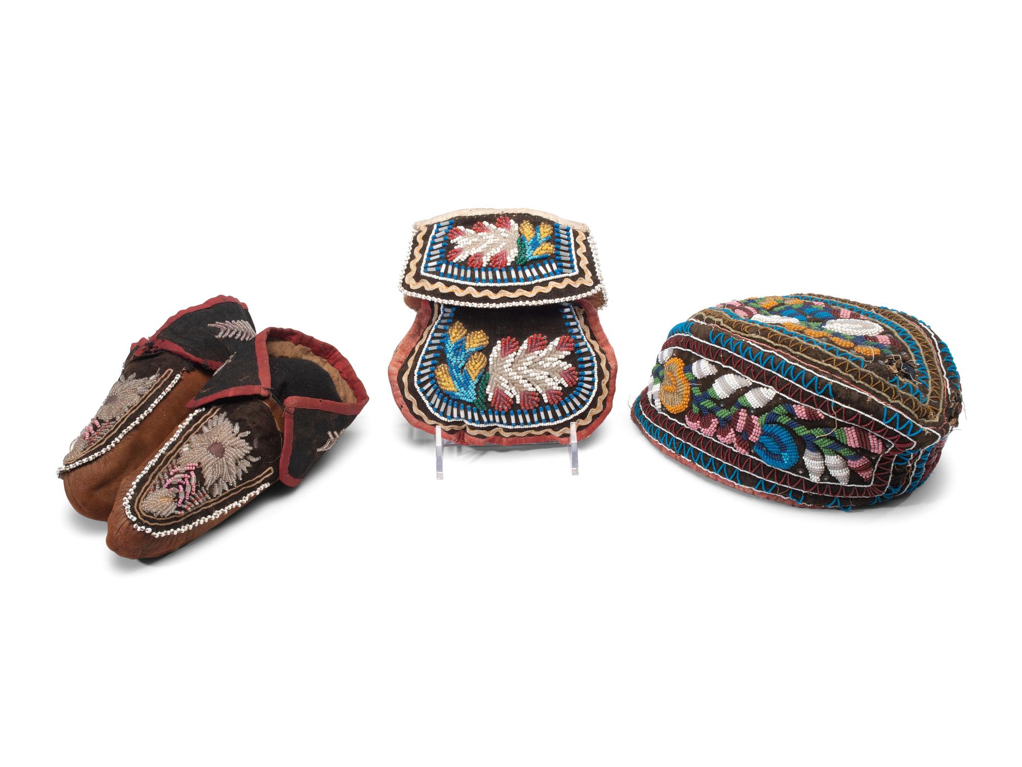 Haudenosaunee Beaded Purse, Moccasins, and Glengarry Cap
