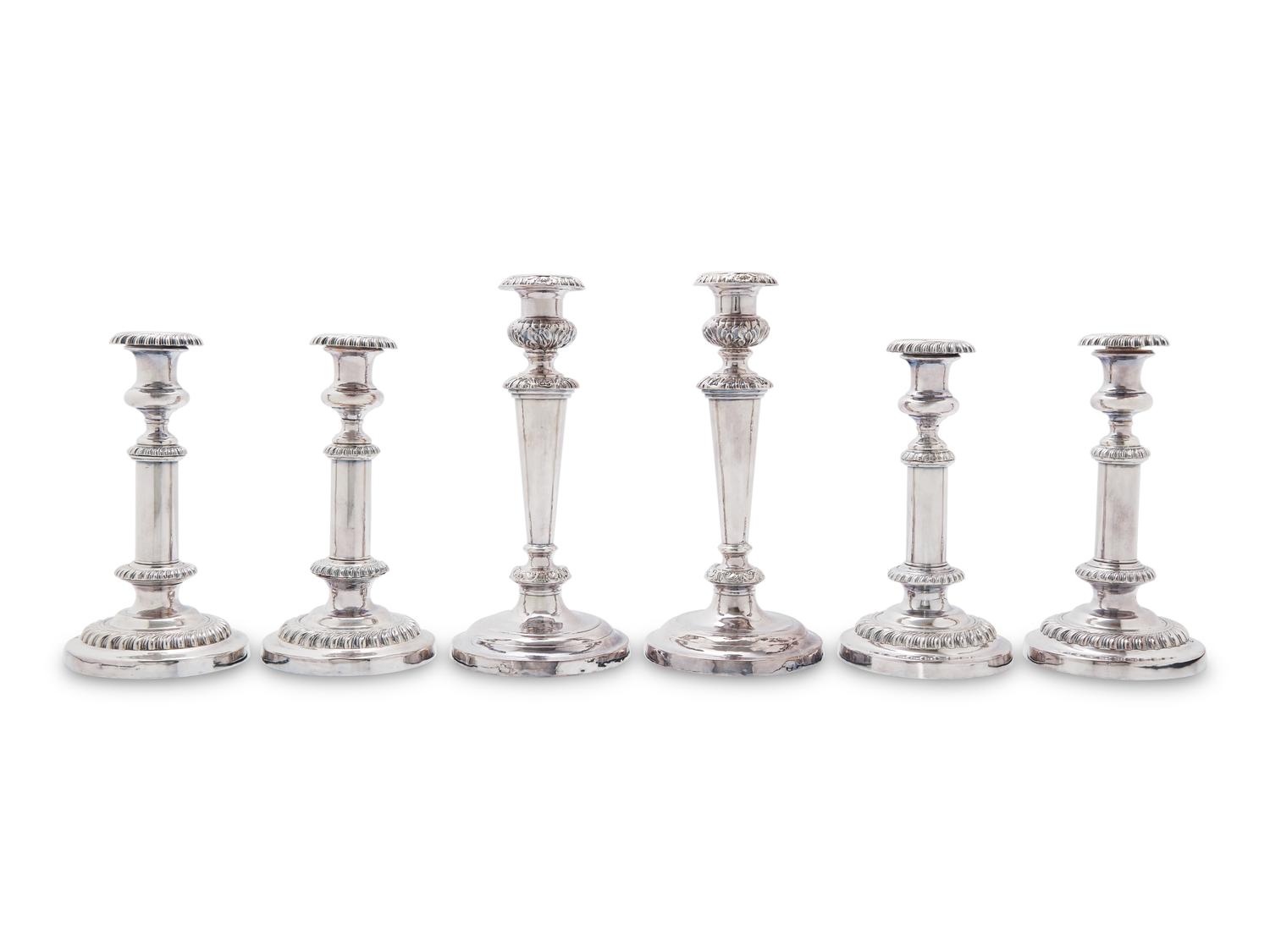 A Group of Six Silver-Plate Candlesticks