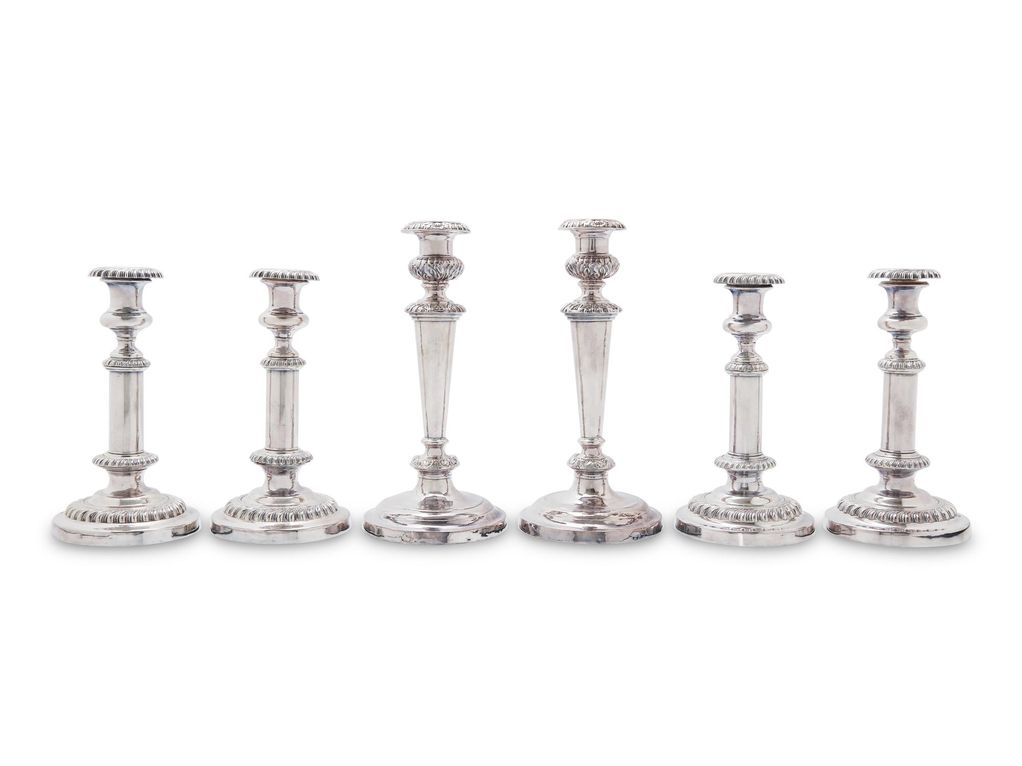 A Group of Six Silver-Plate Candlesticks