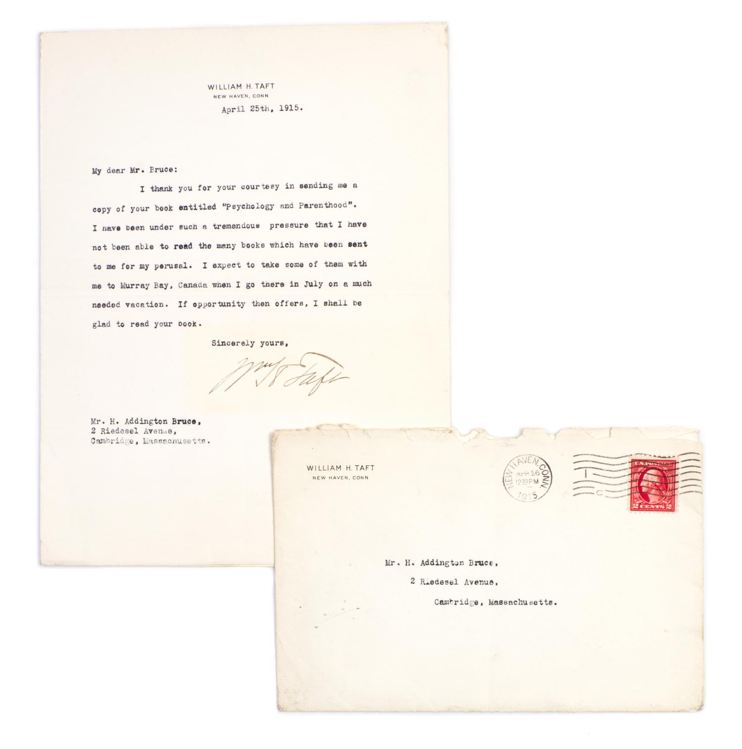 TAFT, WILLIAM H. Typed letter signed (Wm. H. Taft), one page, April 25, 1915.