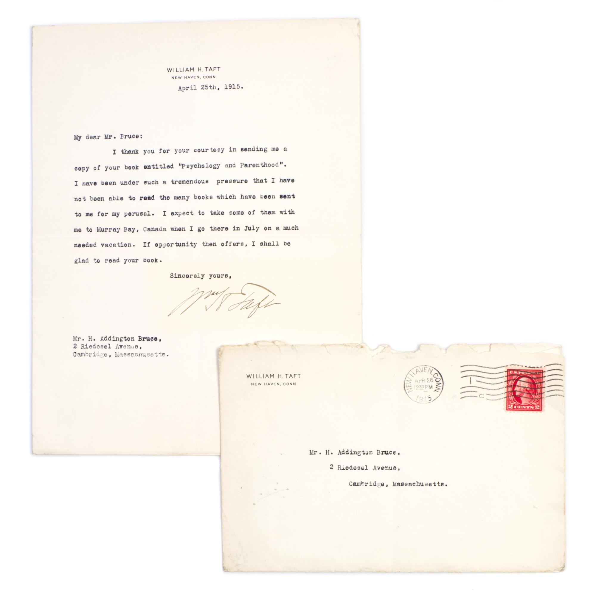 TAFT, WILLIAM H. Typed letter signed (Wm. H. Taft), one page, April 25, 1915.