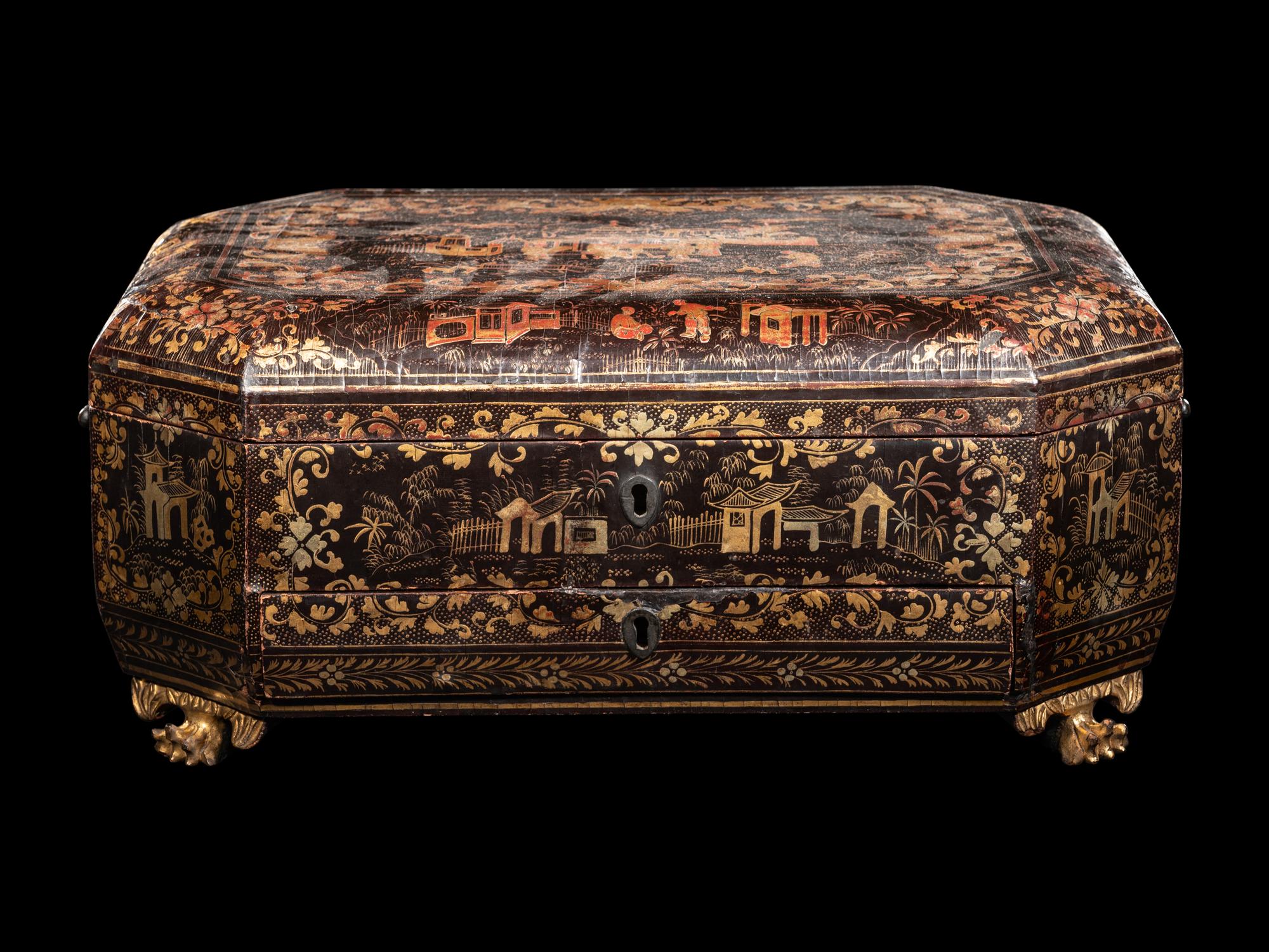 A Chinese Export Gilt Lacquered Sewing Case