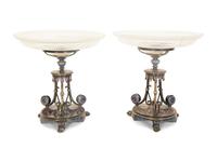 A Pair of Elkington Silver-Plate and Enamel Compotes with Cut Glass Bowls — 19th Century