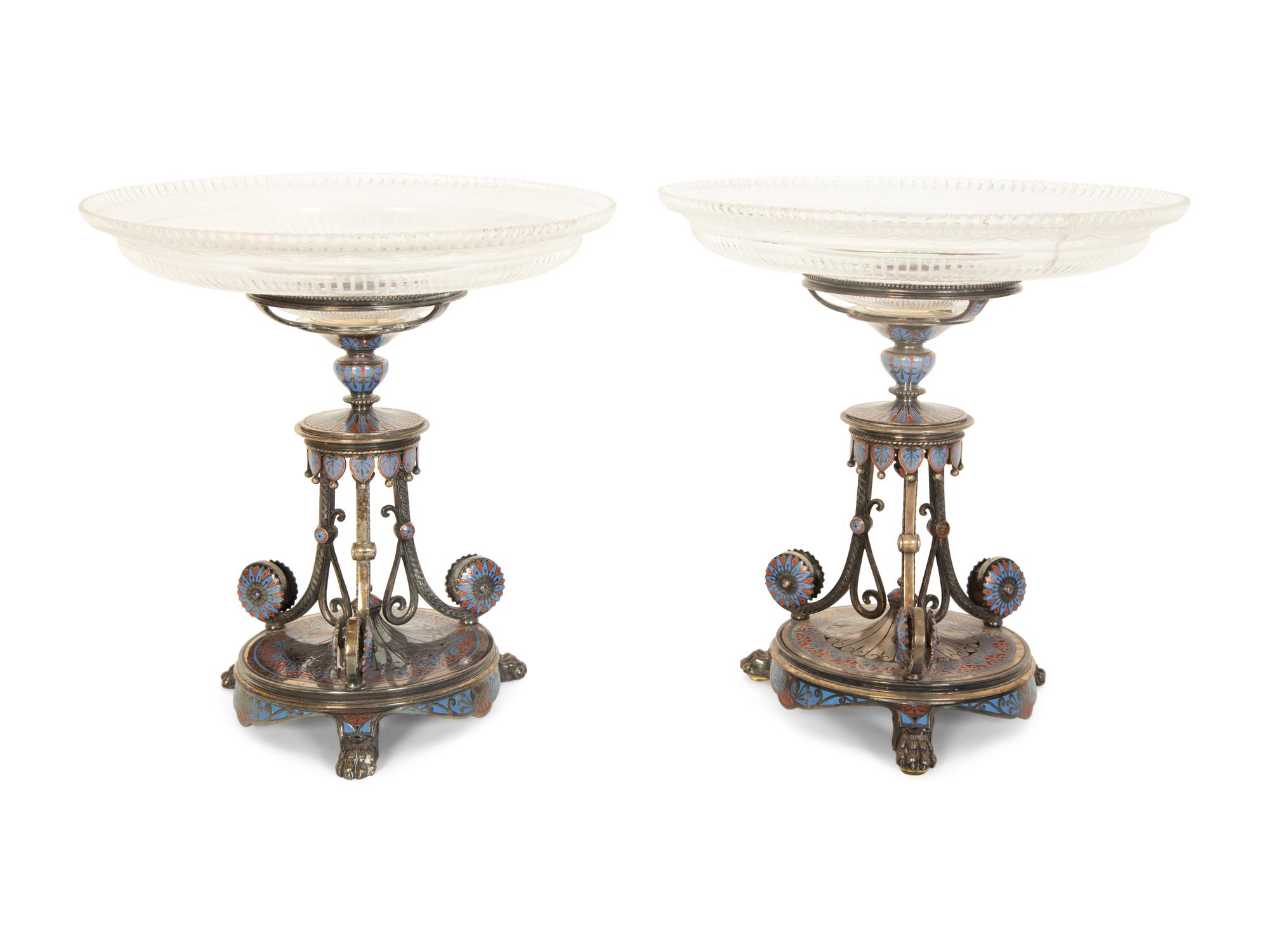 A Pair of Elkington Silver-Plate and Enamel Compotes with Cut Glass Bowls — 19th Century