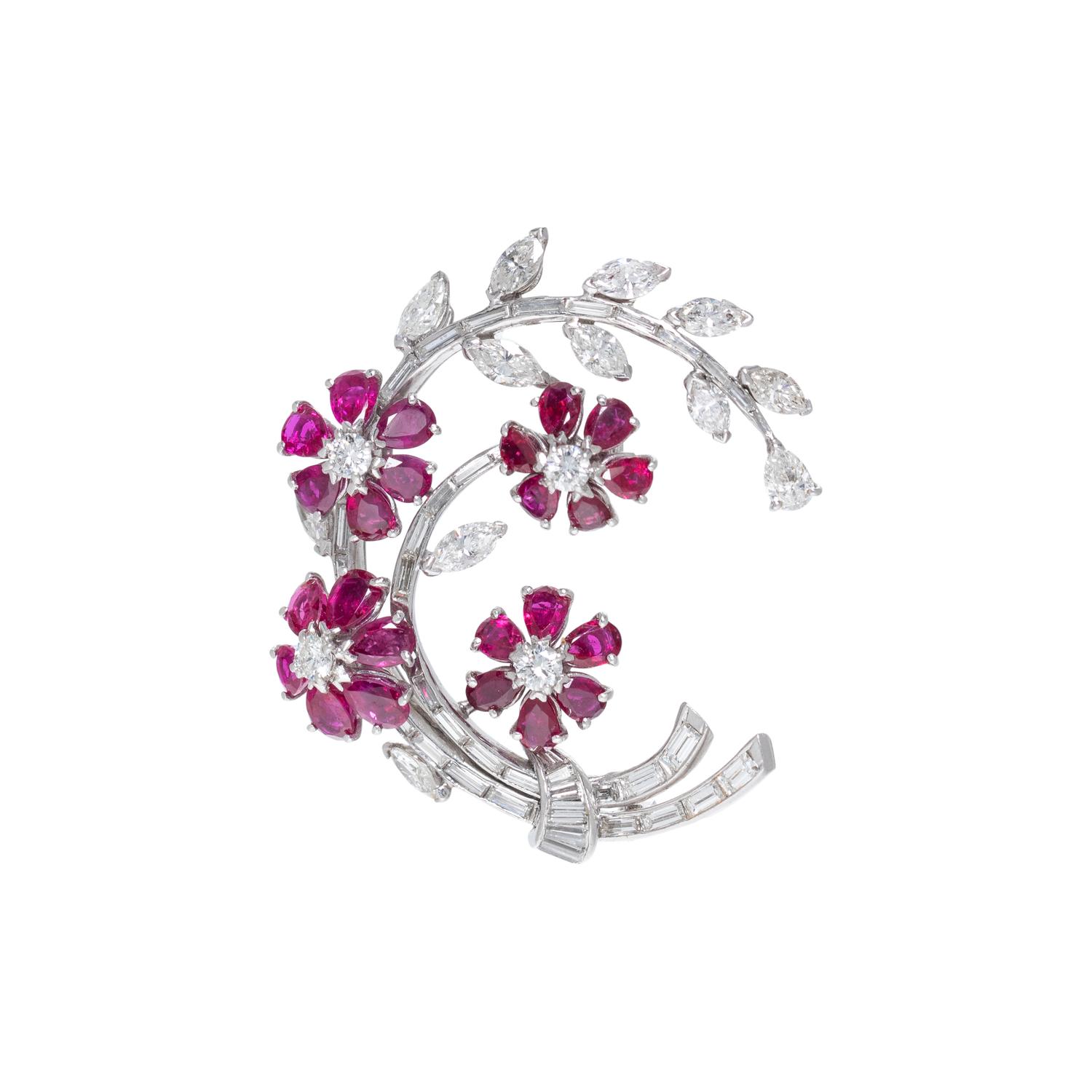 DIAMOND AND RUBY SPRAY BROOCH