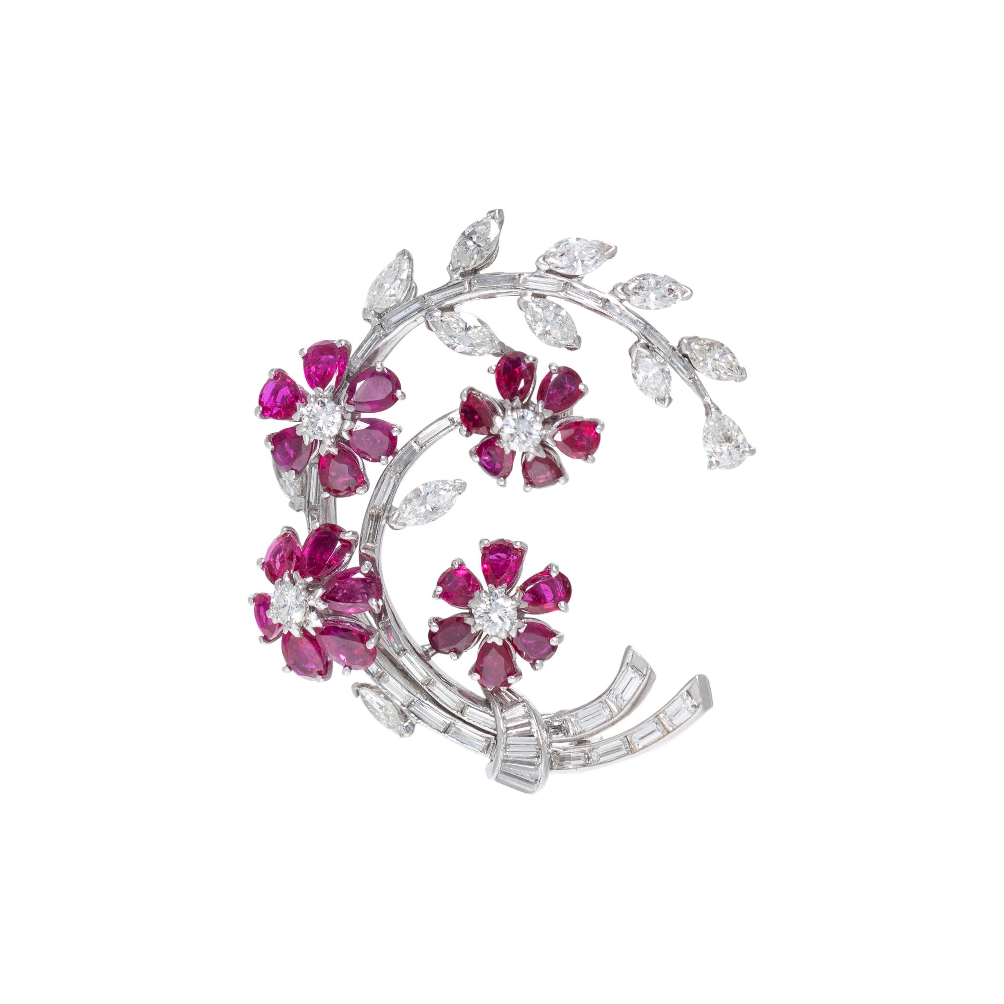 DIAMOND AND RUBY SPRAY BROOCH