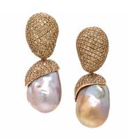 Yvel, Baroque Cultured Pearl, Colored Diamond, and Yellow Gold Convertible Earrings