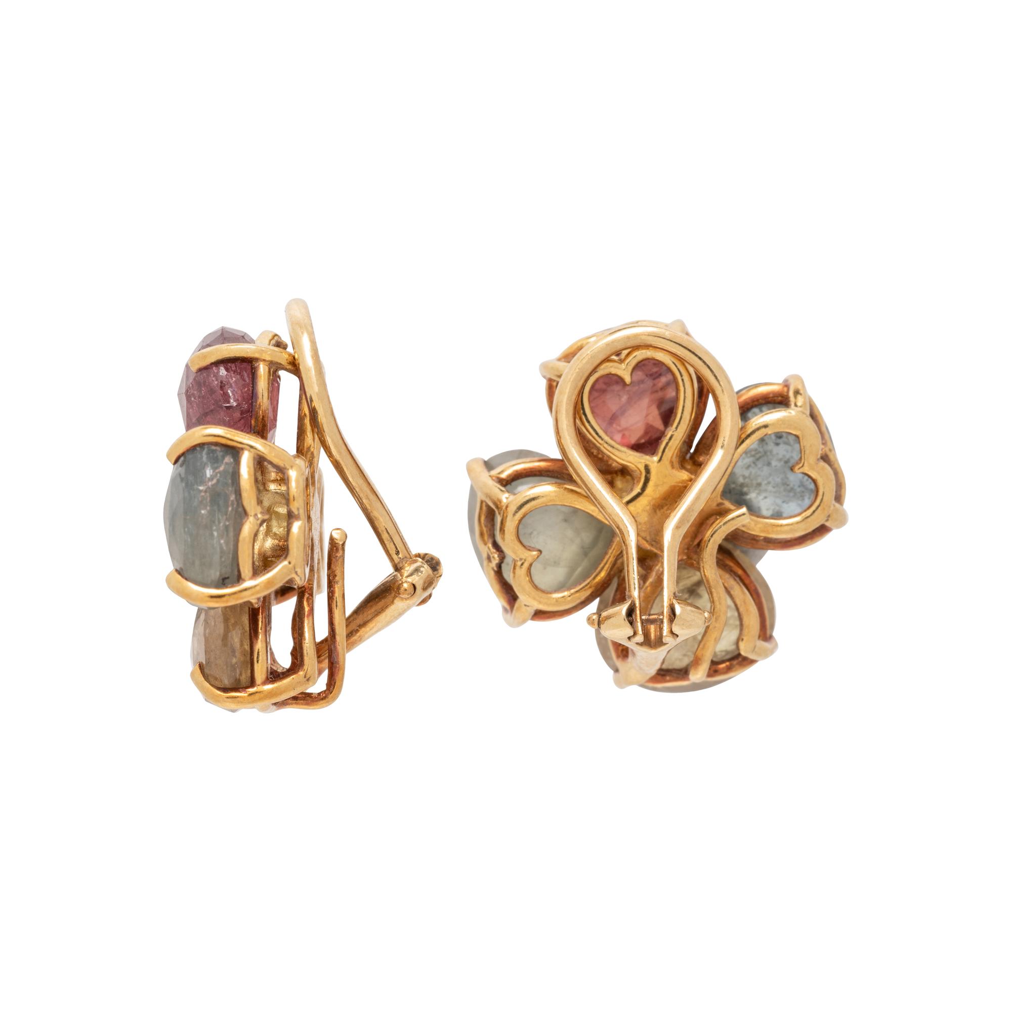 YELLOW GOLD AND MULTICOLOR SAPPHIRE FLOWER CLIP EARRINGS