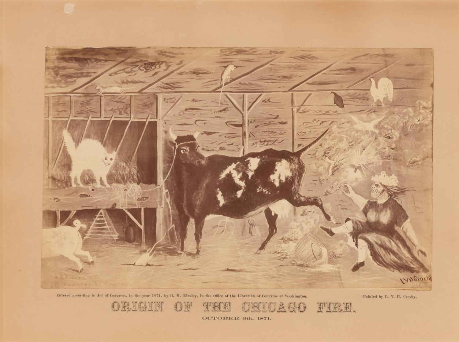 [Chicago Fire]. Crosby, L.V.H., artist. Origin of the Chicago Fire. October 9th, 1871. Washington: H.M. Kinsley, 1871.